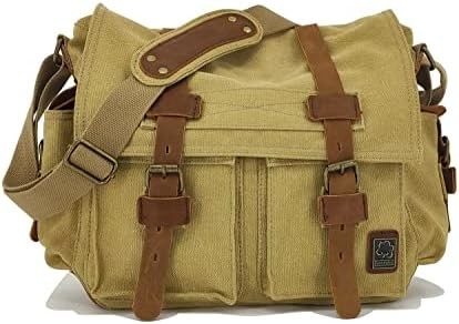 SECHUNK VINTAGE MILITARY LEATHER CANVAS LAPTOP BAG MESSENGER BAGS MEDIUM