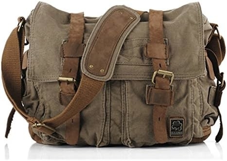 SECHUNK VINTAGE MILITARY LEATHER CANVAS LAPTOP BAG MESSENGER BAGS MEDIUM