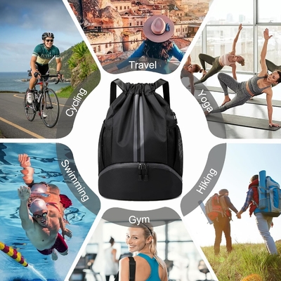 HOEDIA SPORTS DRAWSTRING BACKPACK - STRING SWIM GYM BAG WITH SHOES COMPARTMENT AND WET PROOF POCKET FOR WOMEN&amp;MEN