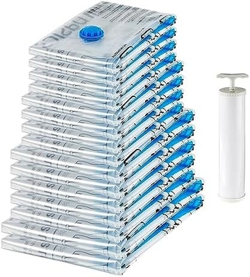 Amazon Basics Vacuum Compression Zipper Storage Bags With Hand Pump, Medium, 5-Pack, White, Sky Blue