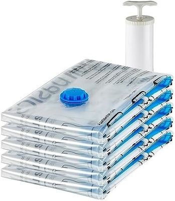 Amazon Basics Vacuum Compression Zipper Storage Bags With Hand Pump, Medium, 5-Pack, White, Sky Blue