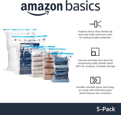 Amazon Basics Vacuum Compression Zipper Storage Bags With Hand Pump, Medium, 5-Pack, White, Sky Blue