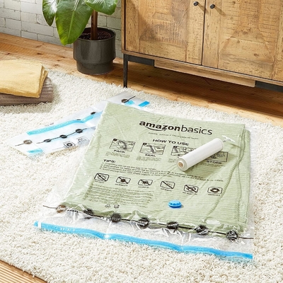 Amazon Basics Vacuum Compression Zipper Storage Bags With Hand Pump, Medium, 5-Pack, White, Sky Blue