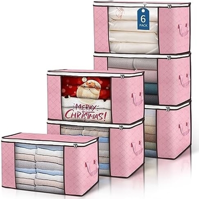 90L LARGE STORAGE BAGS, 6 PACK CLOTHES STORAGE BINS FOLDABLE CLOSET ORGANIZERS STORAGE CONTAINERS WITH REINFORCED HANDLE
