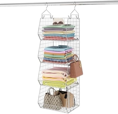 X-COSRACK 4 TIER FOLDABLE CLOSET ORGANIZER, CLOTHES SHELVES WITH 5 S HOOKS, WALL MOUNT&amp;CABINET WIRE STORAGE BASKET BINS,