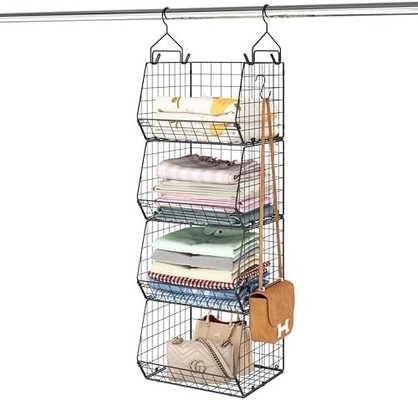 X-COSRACK 4 TIER FOLDABLE CLOSET ORGANIZER, CLOTHES SHELVES WITH 5 S HOOKS, WALL MOUNT&amp;CABINET WIRE STORAGE BASKET BINS,