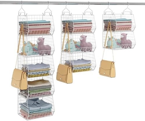 X-COSRACK 4 TIER FOLDABLE CLOSET ORGANIZER, CLOTHES SHELVES WITH 5 S HOOKS, WALL MOUNT&amp;CABINET WIRE STORAGE BASKET BINS,