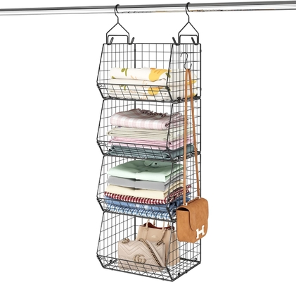 X-COSRACK 4 TIER FOLDABLE CLOSET ORGANIZER, CLOTHES SHELVES WITH 5 S HOOKS, WALL MOUNT&amp;CABINET WIRE STORAGE BASKET BINS,