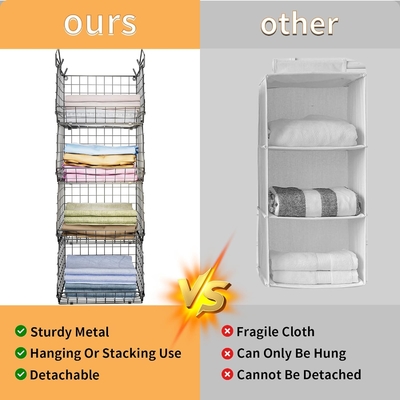 X-COSRACK 4 TIER FOLDABLE CLOSET ORGANIZER, CLOTHES SHELVES WITH 5 S HOOKS, WALL MOUNT&amp;CABINET WIRE STORAGE BASKET BINS,