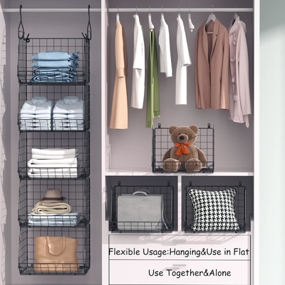 X-COSRACK 4 TIER FOLDABLE CLOSET ORGANIZER, CLOTHES SHELVES WITH 5 S HOOKS, WALL MOUNT&amp;CABINET WIRE STORAGE BASKET BINS,