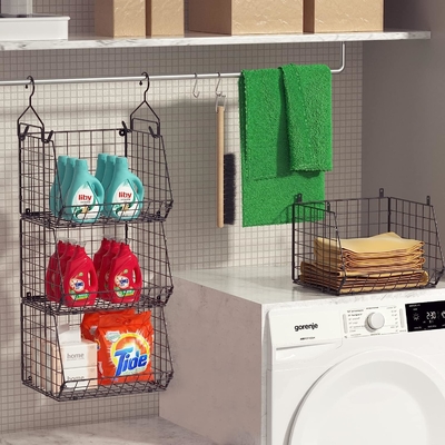 X-COSRACK 4 TIER FOLDABLE CLOSET ORGANIZER, CLOTHES SHELVES WITH 5 S HOOKS, WALL MOUNT&amp;CABINET WIRE STORAGE BASKET BINS,