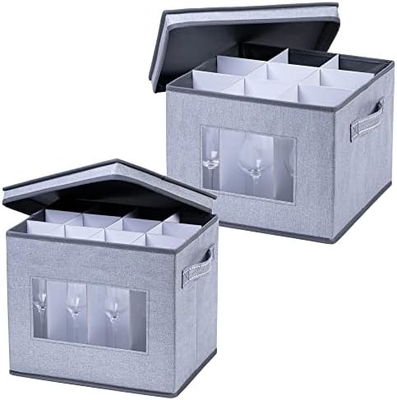 VENO 2 Pack Wine Glass Storage Box with Lid and Handles, Glasswares, China Organizer, Great for Moving, Transport.