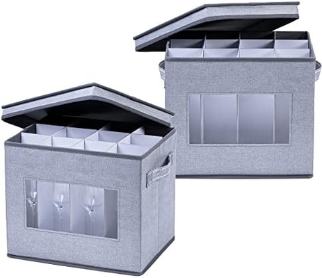 VENO 2 Pack Wine Glass Storage Box with Lid and Handles, Glasswares, China Organizer, Great for Moving, Transport.