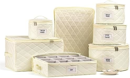 CHINA STORAGE CONTAINERS QUILTED. 7PC DISHES STORAGE KIT WITH 48 CUT-TO-SIZE FELT INNERS. FINE CHINA STORAGE, PLATE