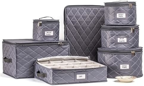 CHINA STORAGE CONTAINERS QUILTED. 7PC DISHES STORAGE KIT WITH 48 CUT-TO-SIZE FELT INNERS. FINE CHINA STORAGE, PLATE