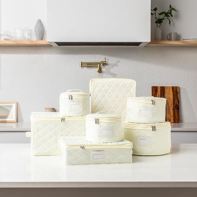 CHINA STORAGE CONTAINERS QUILTED. 7PC DISHES STORAGE KIT WITH 48 CUT-TO-SIZE FELT INNERS. FINE CHINA STORAGE, PLATE