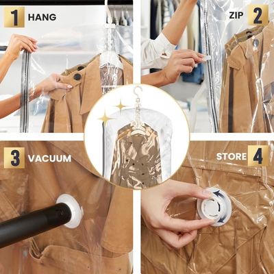TAILI Hanging Vacuum Storage Bags Space Saver Bags, Set Of 4 (2 Long, 2 Short), Clear Vacuum Sealer Bags For Clothing