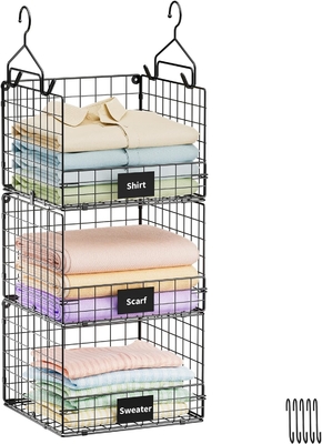Sonyabecca 3-Tier Hanging Closet Organizer with Name Plate, Clothes Hanging Shelves 5 S Hooks, Wall Mount & Cabinet