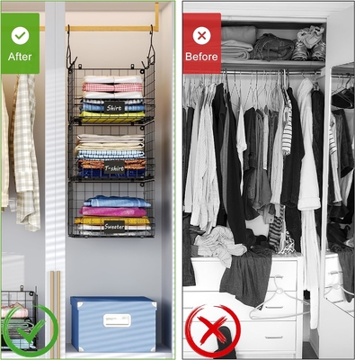 Sonyabecca 3-Tier Hanging Closet Organizer with Name Plate, Clothes Hanging Shelves 5 S Hooks, Wall Mount & Cabinet