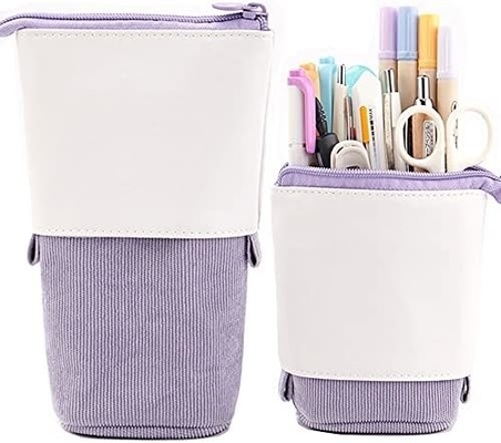 Telescopic Pencil Bag Pen Holder Stationery Case, PU Corduroy Stand-up Retractable Transformer Bag Colorful Organizer,