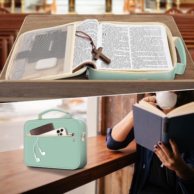 FINPAC Large Bible Cover w/Shoulder Strap, Carrying Book Case Church Bag Bible Protective w/Pen Slots and Zippered