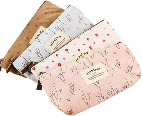 Pencil Case, Cute Floral Flower Canvas Zipper Pencil Cases Lovely Fabric Flower Tree Pen Bags Supplies 4 Pcs