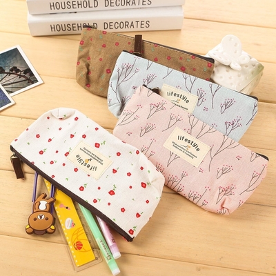 Pencil Case, Cute Floral Flower Canvas Zipper Pencil Cases Lovely Fabric Flower Tree Pen Bags Supplies 4 Pcs