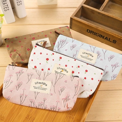Pencil Case, Cute Floral Flower Canvas Zipper Pencil Cases Lovely Fabric Flower Tree Pen Bags Supplies 4 Pcs