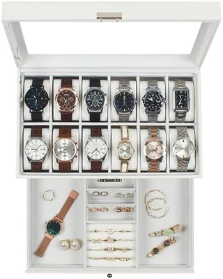 GUKA Watch Box 12 Slot Watch Display Organizer Leather Jewelry Case Drawer Glass Birthday for Men Women, Child Husband