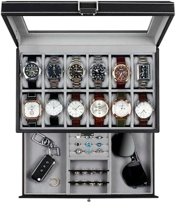 GUKA Watch Box 12 Slot Watch Display Organizer Leather Jewelry Case Drawer Glass Birthday for Men Women, Child Husband