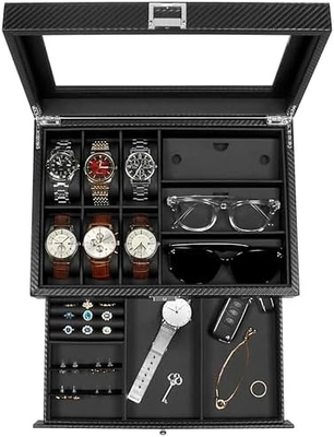 GUKA Watch Box 12 Slot Watch Display Organizer Leather Jewelry Case Drawer Glass Birthday for Men Women, Child Husband