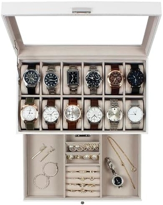 GUKA Watch Box 12 Slot Watch Display Organizer Leather Jewelry Case Drawer Glass Birthday for Men Women, Child Husband