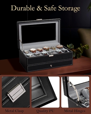 GUKA Watch Box 12 Slot Watch Display Organizer Leather Jewelry Case Drawer Glass Birthday for Men Women, Child Husband
