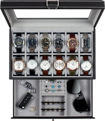GUKA Watch Box 12 Slot Watch Display Organizer Leather Jewelry Case Drawer Glass Birthday for Men Women, Child Husband