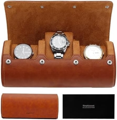 Watch Travel Case, Watch Roll for 3 Watches,Premium Faux Leather, Gift-box packaging【Brown】