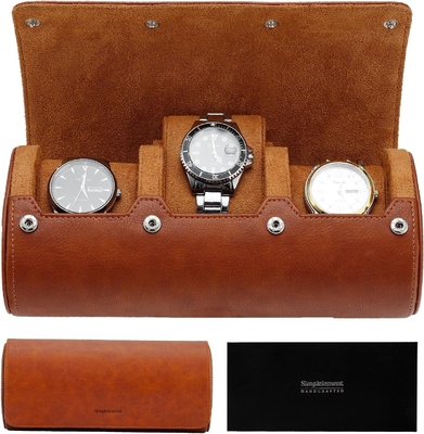 Watch Travel Case, Watch Roll for 3 Watches,Premium Faux Leather, Gift-box packaging【Brown】