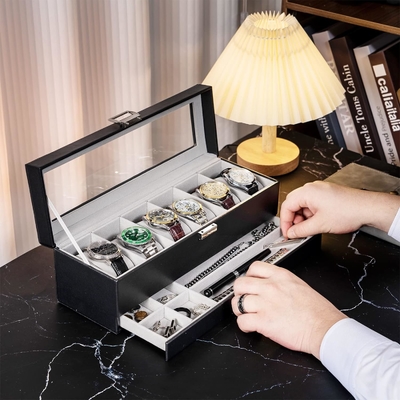 ProCase Watch Box Organizer for Men, 6 Slot Watch Display Case with Drawer, Father's Day Gift Mens Watch Holder Watch