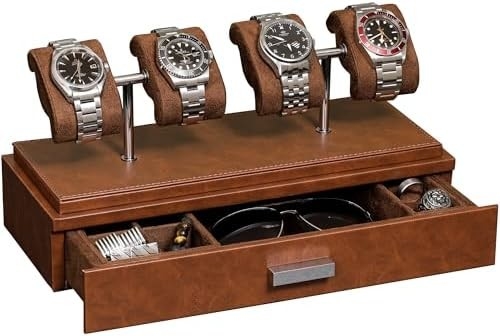 ROTHWELL Luxury Watch Display Case for 4 Watches – Leather Watch Box with Acrylic Cover and Removable Slide in Cushions