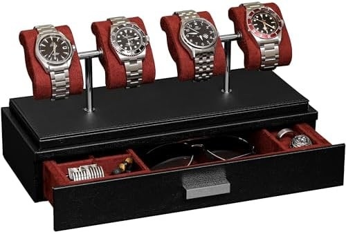 ROTHWELL Luxury Watch Display Case for 4 Watches – Leather Watch Box with Acrylic Cover and Removable Slide in Cushions