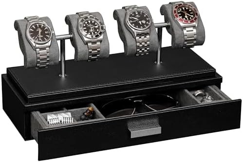 ROTHWELL Luxury Watch Display Case for 4 Watches – Leather Watch Box with Acrylic Cover and Removable Slide in Cushions