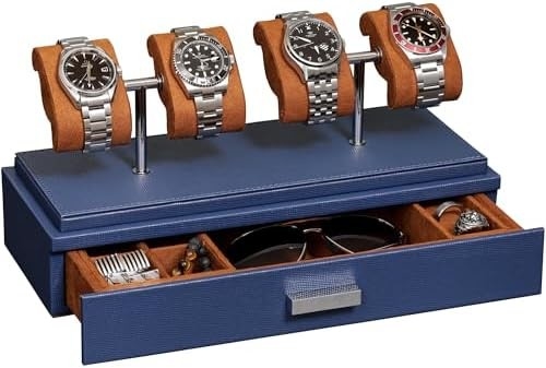 ROTHWELL Luxury Watch Display Case for 4 Watches – Leather Watch Box with Acrylic Cover and Removable Slide in Cushions
