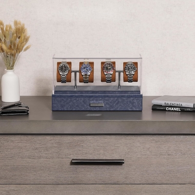 ROTHWELL Luxury Watch Display Case for 4 Watches – Leather Watch Box with Acrylic Cover and Removable Slide in Cushions