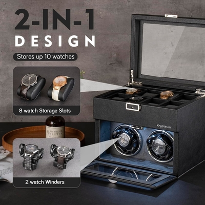 Automatic Double Watch Winder with 8 Extra Storage Box, Double Automatic Watch Winder Box with Jewelry Organizer,