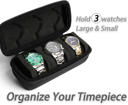 3 watch travel case roll, Hard watch carry case roll display storage holder box with soft foam pillows snug fit all size
