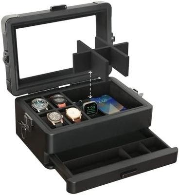CASE ELEGANCE Military 10 Slot Watch Box Case Organizer for Men, Real Glass Top, Modular Valet Tray,