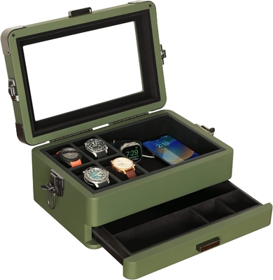 CASE ELEGANCE Military 10 Slot Watch Box Case Organizer for Men, Real Glass Top, Modular Valet Tray,