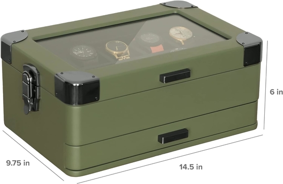 CASE ELEGANCE Military 10 Slot Watch Box Case Organizer for Men, Real Glass Top, Modular Valet Tray,
