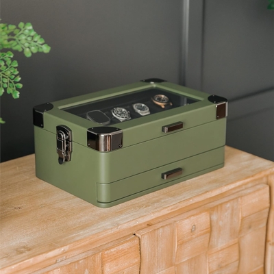 CASE ELEGANCE Military 10 Slot Watch Box Case Organizer for Men, Real Glass Top, Modular Valet Tray,