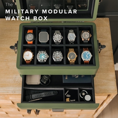 CASE ELEGANCE Military 10 Slot Watch Box Case Organizer for Men, Real Glass Top, Modular Valet Tray,