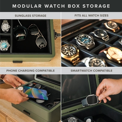 CASE ELEGANCE Military 10 Slot Watch Box Case Organizer for Men, Real Glass Top, Modular Valet Tray,